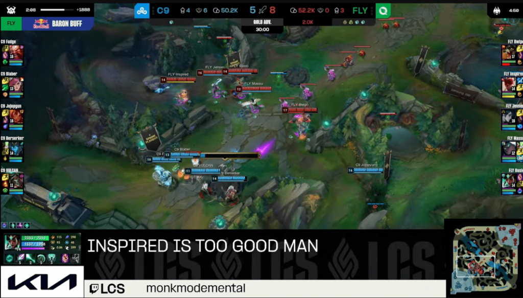 Capture from Riot Games League Championship Series stream on Twitch showing chat comment "Inspired is too good man"