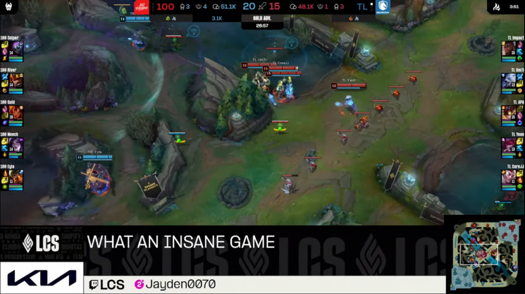 Capture from Riot Games League Championship Series stream on Twitch showing chat comment "What an insane game"
