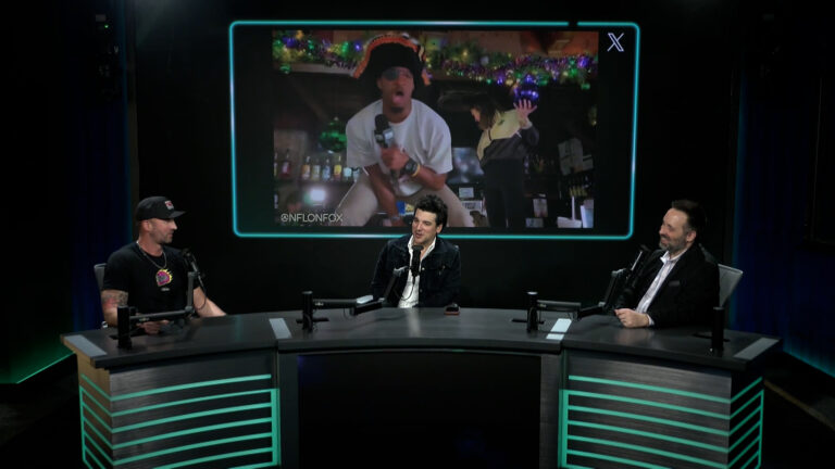 Nate, Ric, and Dan on Storyteller with Jameis Winston on screen behind them