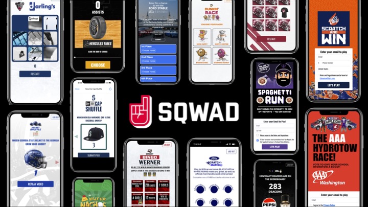 Examples of the 18 different interactive experiences SQWAd has to offer, from hat shuffle, to mascot races, prediction games, and photo shuffle.