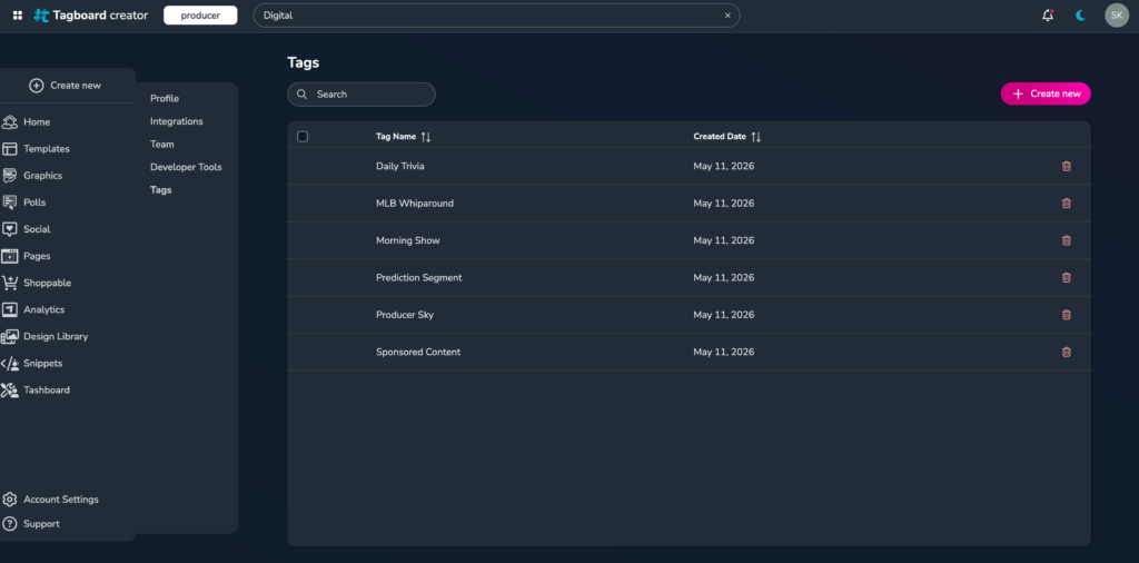 Showcase of the Tags page within Tagboard's Creator space