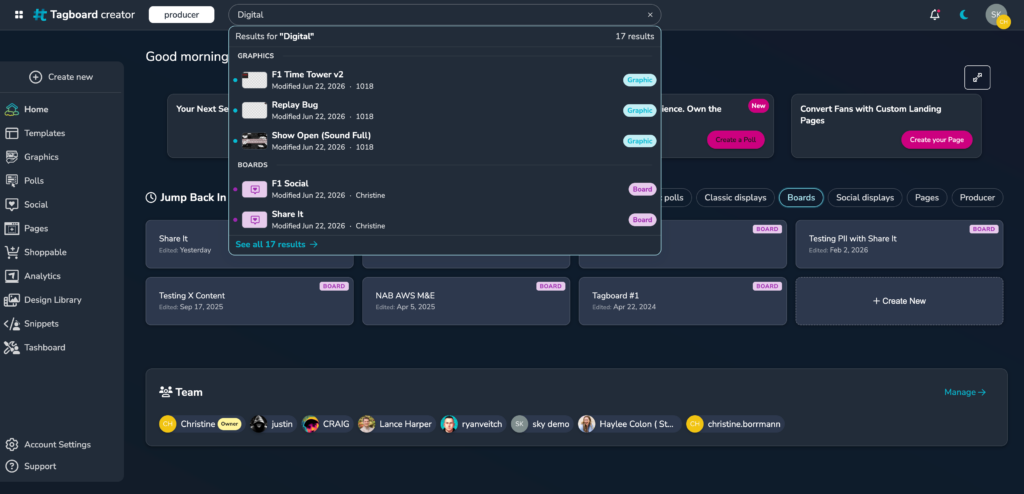 Showcase global search looking across tags and titles saved in your Tagboard account