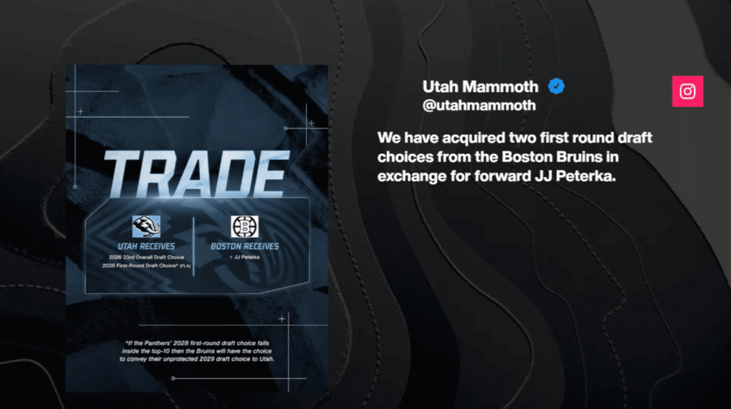 This image is showing a full screen image of an instagram post from the Mammoth team account which notes that they traded a player for two first round picks