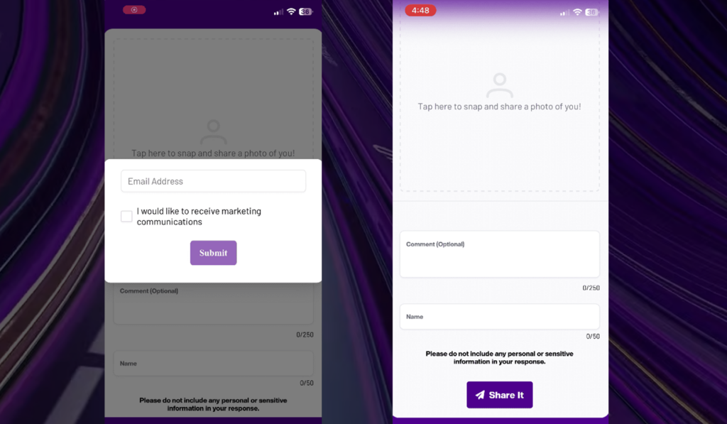 This shows the mobile experience after you scan the QR code on the stream where you can input your email to win exclusive merch and submit your photos