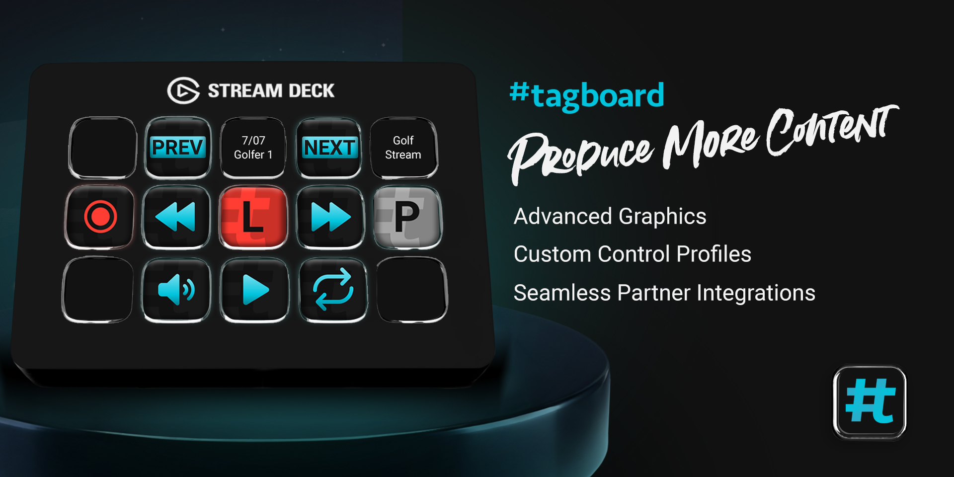 Elgato Stream Deck device showcasing the buttons you can use to run your Tagboard Producer playlist.