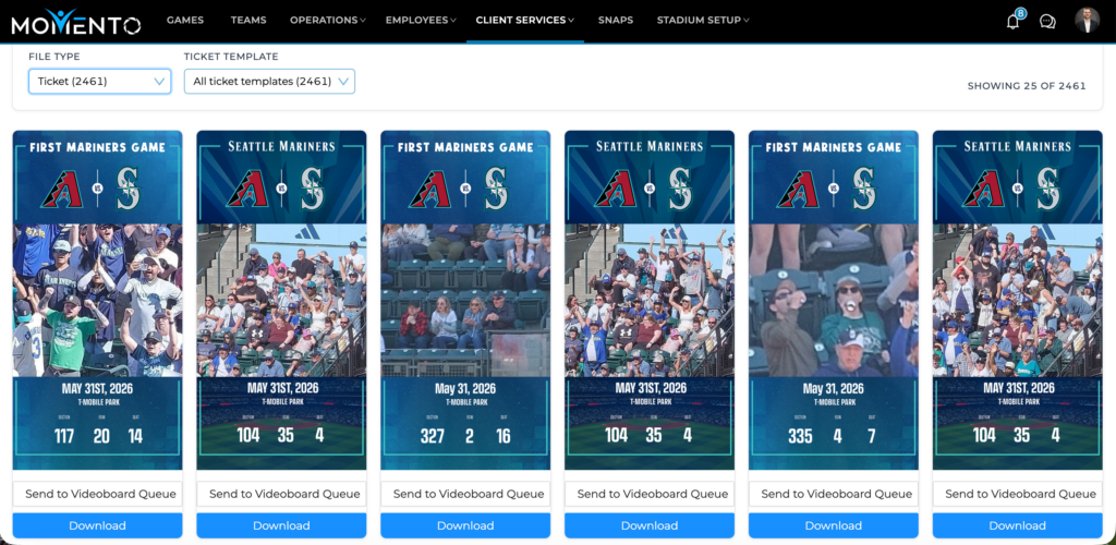Showcase of the curation dashboard within Momento where you can see all the fan reaction and pick the ones you like best