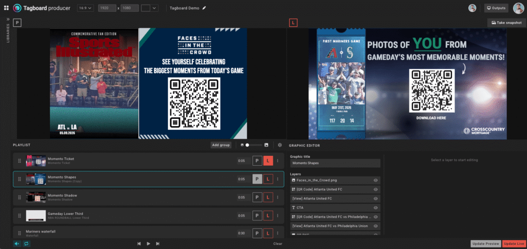 A look at the Tagboard Producer interface displaying a Momento graphic with fan reactions