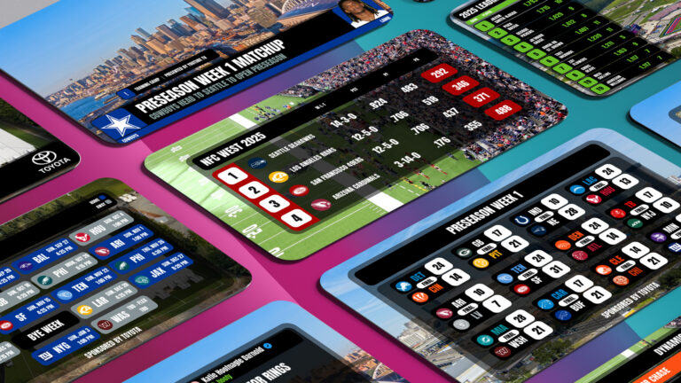Training Camp graphics template pack within Tagboard showing a few examples of the season standings, season schedule and more.