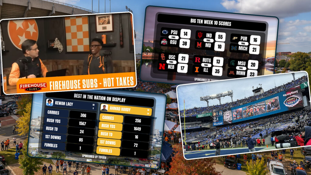 4 examples of college football content from a coaches show at Tennessee to out of town scores and player comparison graphics and in-venue fan photos