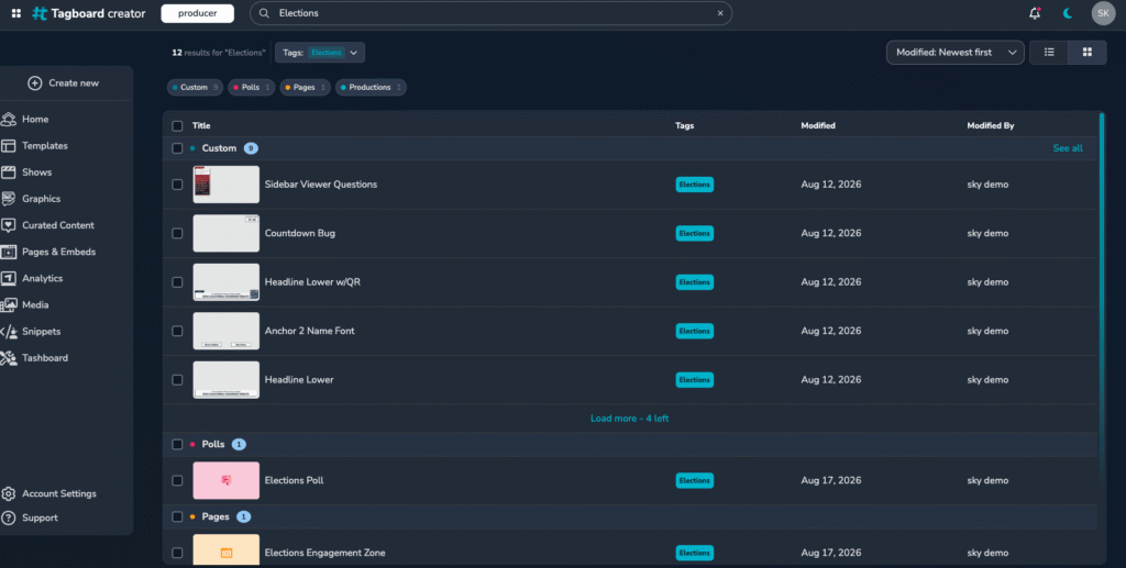 A view of Global Search within Tagboard Creator. It's showing all my graphics and assets that are tagged with Elections. So I can see custom graphics, polls, social, and pages.