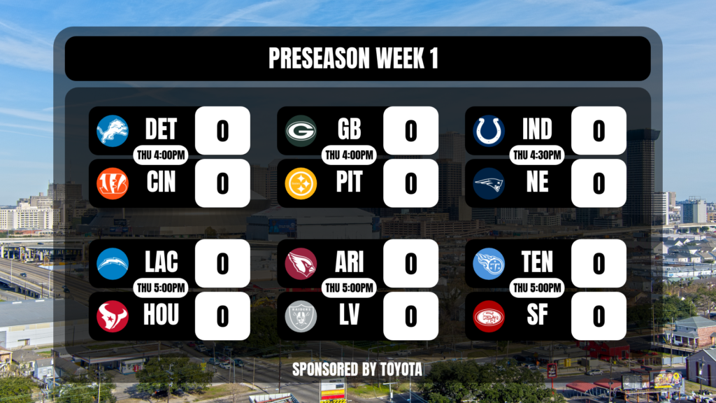 Scoreboard design for the Camp graphics pack showing 6 games with team logos and kickoff times