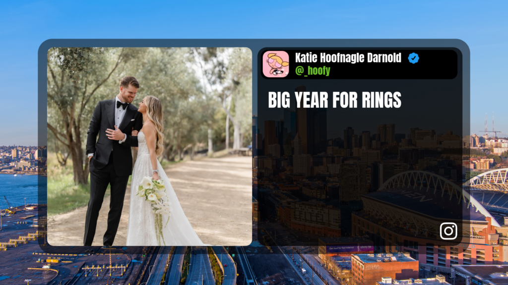 Media and text social graphic showing a post from Sam Darnold's wife Katie Darnold about them getting married this past offseason. The post says Big year for rings.