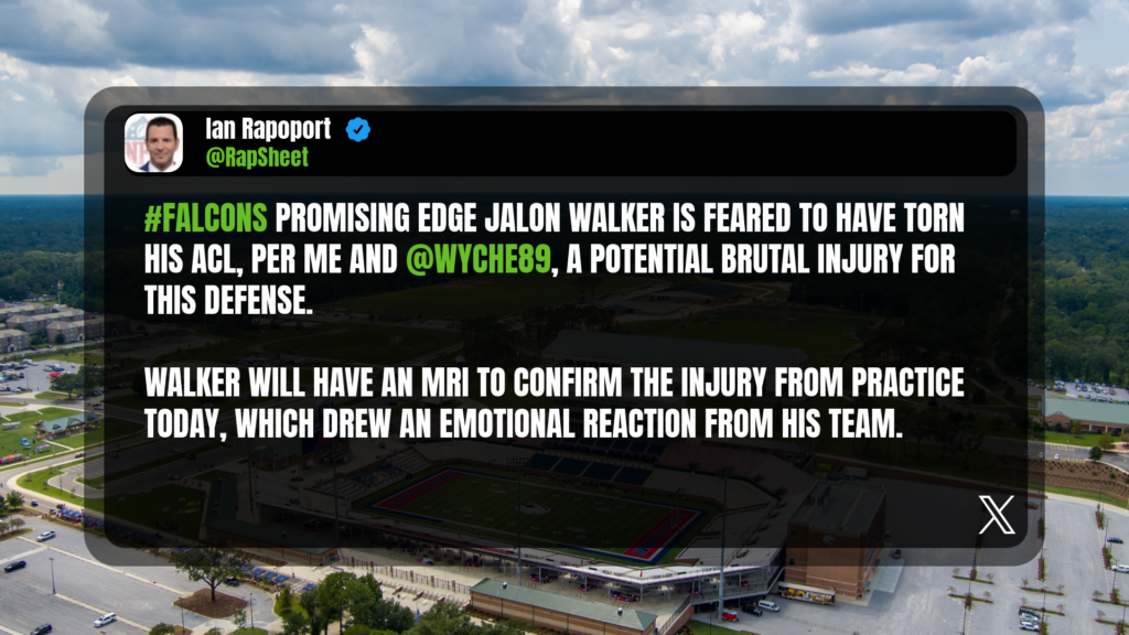 Social post showing a tweet from Ian Rapoport breaking news about Jalon Walker getting injured at Falcons training camp