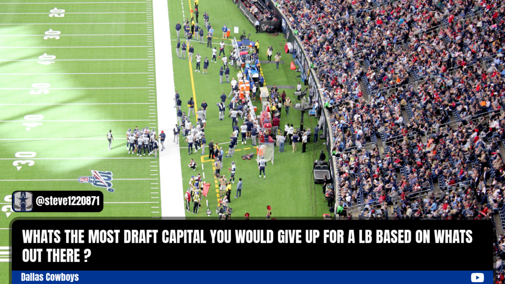 lower third highlighting the YouTube live chat with a question from the chat about giving up draft capital for a linebacker.