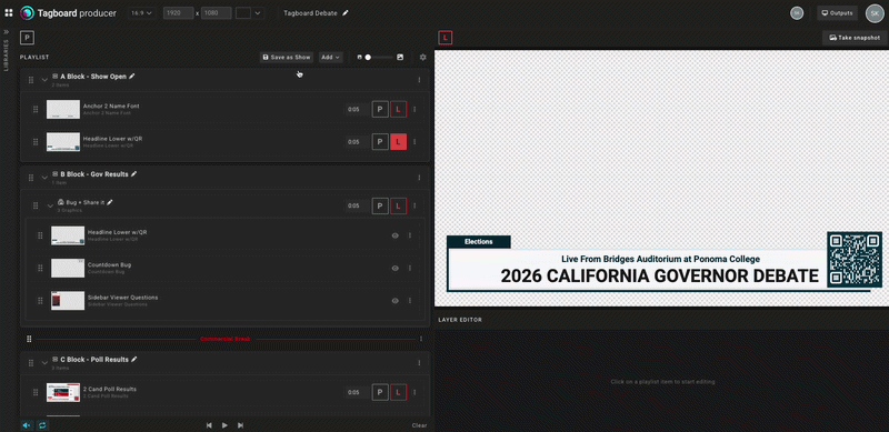 Animated GIF of adding a marker to the playlist in Tagboard Producer, switching it to say commercial break and making it red instead of yellow.