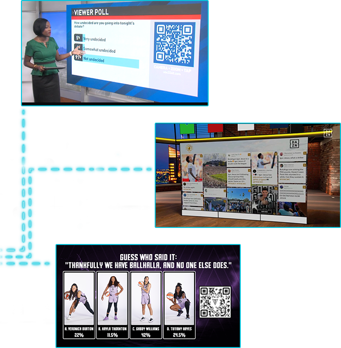 Examples of customers using Tagboard for audience engagement including Sinclair Broadcast polls, DAZN social waterfall display and Golden State Valkyries polls