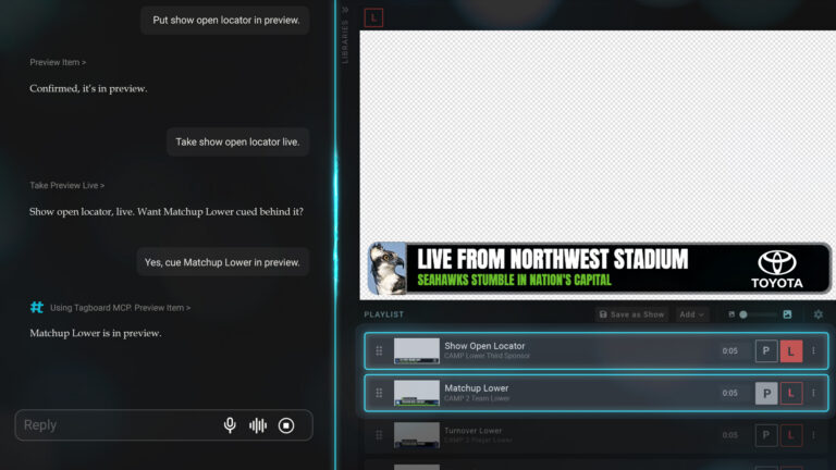 An AI Assistant chat on the left side of the screen with Tagboard Producer on the right. The chat shows commands for taking and previewing graphics which are represented in Tagboard Producer as well.