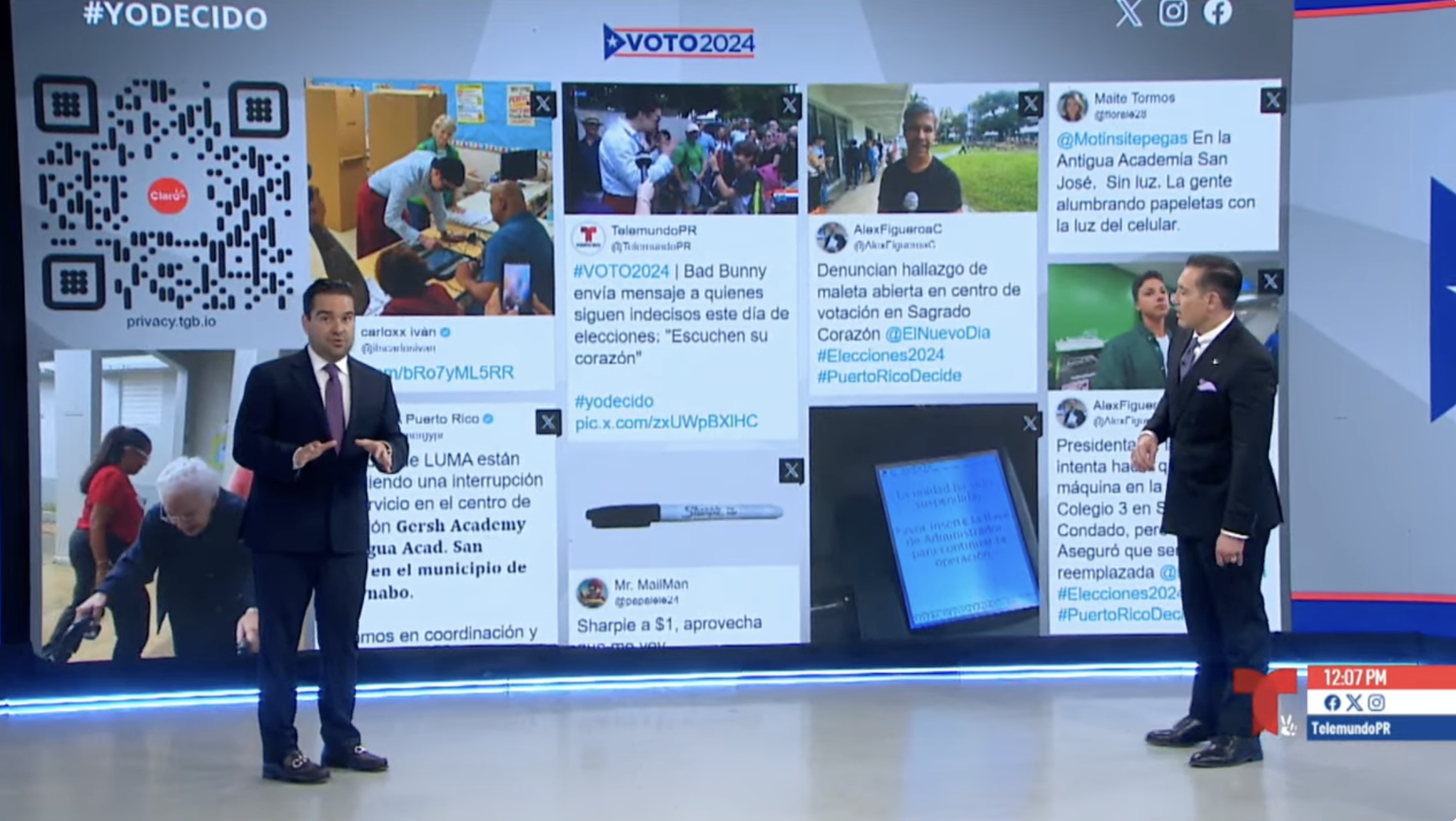 Telemundo Puerto Rico election coverage standing at a giant studio monitor with social media posts displayed in a waterfall style cascade.