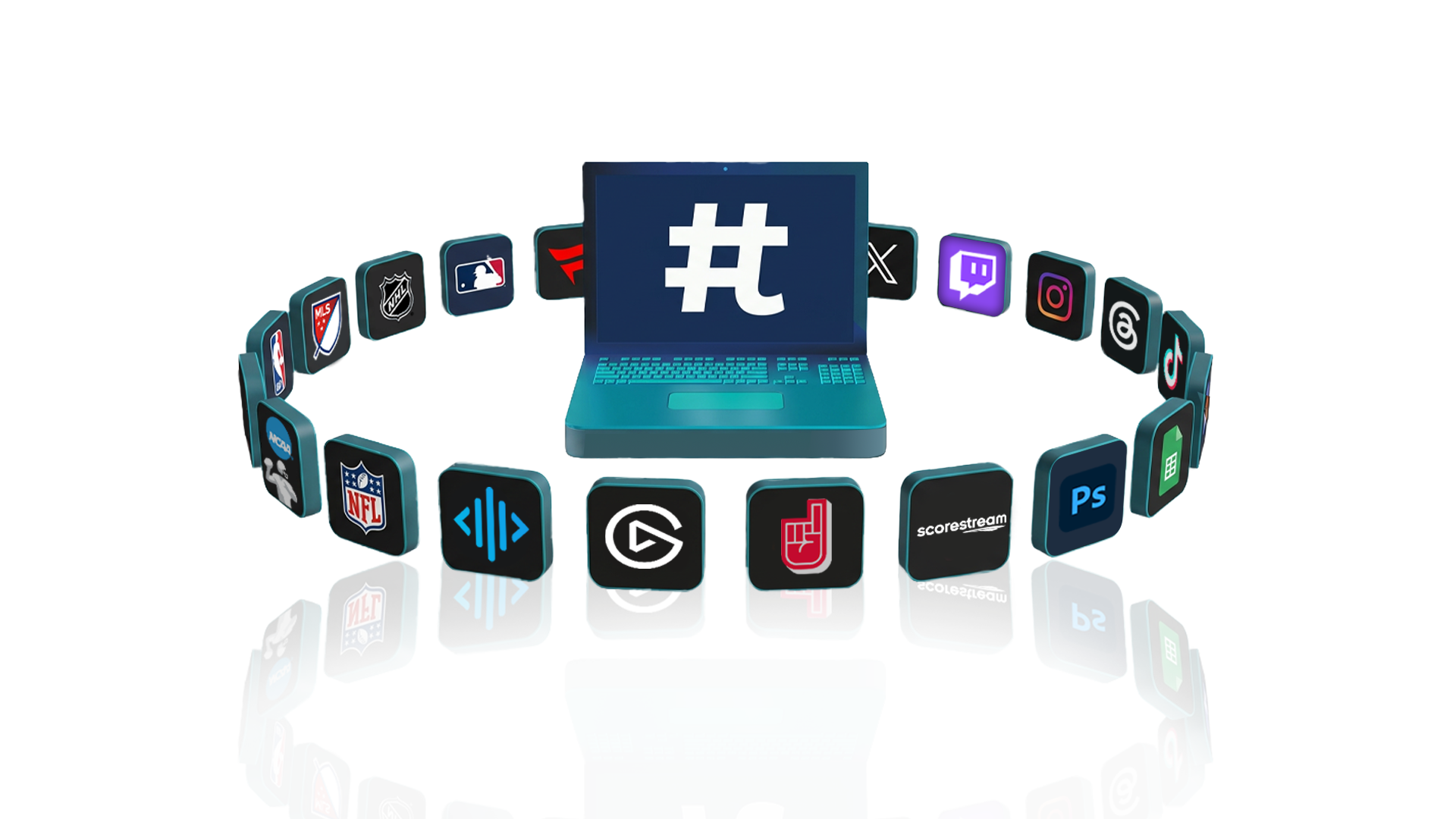 Tagboard on a laptop with all the app integrations surrounding it