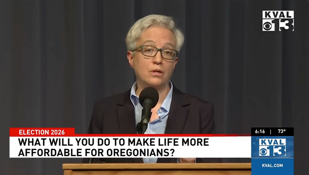 A shot from the debate coverage showing Governor Kotek with a lower third that reads "What will you do to make life more affordable for Oregonians?"