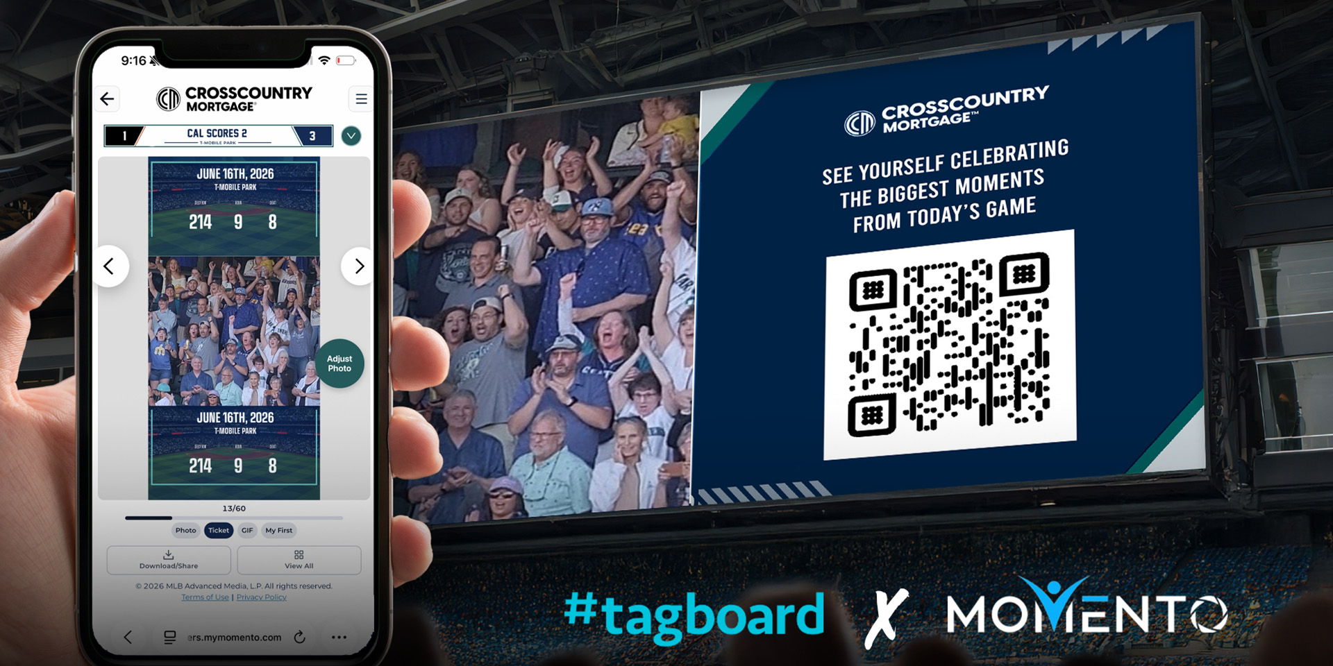 Example of Momento experience on mobile phone and the Tagboard display on the video board.