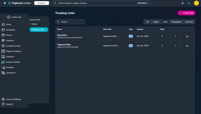A look at the tracking links dashboard within Tagboard Creator. You can see there are two different tracking links which are each accounting for visitors separately.
