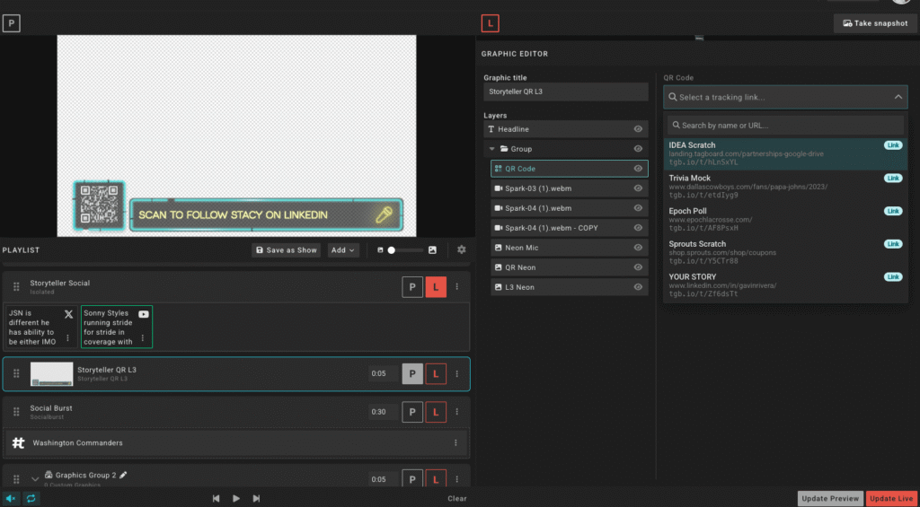 Showcase of Tagboard Producer and the dropdown menu users will see to select their tracking link. easy to search and find the exact link you're looking for.