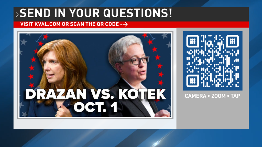 Call to action from the KVAL-TV broadcast encouraging viewers to scan a QR code and send in their questions for the Governor candidates